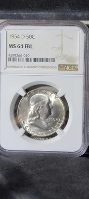 1954 D NGC MS64 FBL Franklin Half Dollar - Image 1 of 2