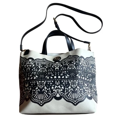$398 TORY BURCH Kerrington Lace Tote Bag Cream Black Purse Crossbody Handbag EUC - Image 1 of 4