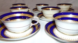 8 English Royal Chelsea Cobalt Blue Gold Band China Tea Cups & Saucers British - Picture 1 of 7