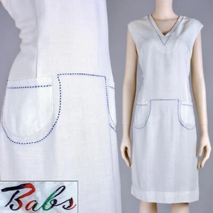 L Vintage 60s Babs Simple Shift Dress White Blue Contrast Stitched Pocket Linen - Picture 1 of 9