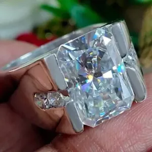 6Ct Radiant Cut Simulated Diamond Men's Engagement Ring 14K White Gold Plated - Picture 1 of 7