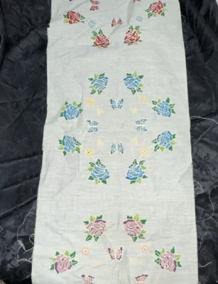 Vtg Fabric Painted Pillow Top Panel Butterfly Floral Rose 3pc Butterflies Flower - Image 1 of 4