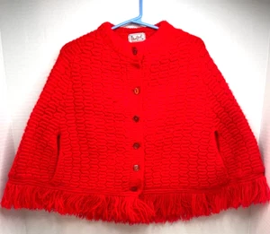 Vintage BLUE BIRD Girls Knitted Red Cape Sweater w/ Buttons & Fringe - Picture 1 of 5
