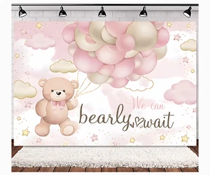 7x5 FT We can Bearly Wait Backdrop for Girl Baby Shower Pink Vinyl Backdrop - Picture 1 of 4