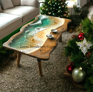 48"x24" Ocean Wave Epoxy Resin Dining Table Top Handmade Acacia Wood Centerpiece - Picture 1 of 7