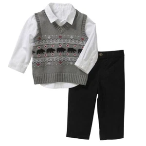 Infant Boys 3pc Holiday Clothing Set Suit Bear Sweater Vest Shirt & Pants 0-3m - Picture 1 of 1