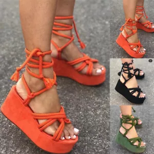 Women Ankle Strap Flatform Sandals Peep Toe Lace Up Platform Wedges Summer Shoes - Picture 1 of 8