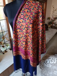 GIFT CREWEL Navy blue  EMBROIDERY  kashmiri WOOL PASHMINA WRAP FOULARD~6 DESIGN - Picture 1 of 8