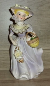 Vintage Lavender Arnart 8" LADY Figurine Lace Bow Bonnet Basket & Roses #8183 M - Picture 1 of 3