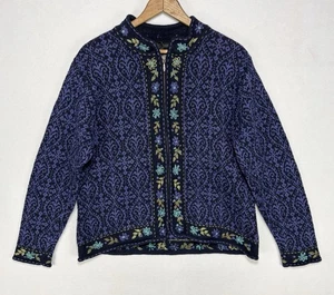 Nomadic Traders Womens Large Cardigan Sweater Nordic Zip Embroidered Floral Trim - Picture 1 of 9