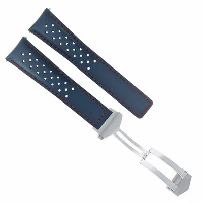 22MM LEATHER WATCH BAND STRAP FOR TAG HEUER CARERRA MONACO F1 PERFORAT CLASP BLU - Image 1 of 4