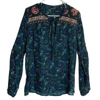BILLABONG Hi-Lo Paisley Floral Long Sleeve Blouse, Women’s L, Teal Purple - Image 1 of 4