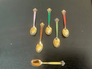 TH MARTHINSEN Sterling Silver GUILLOCHE ENAMEL DEMITASSE 6 SPOON Cloister Norway - Picture 1 of 4