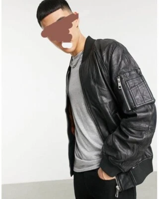 ASOS black leather Bomber Jacket oversized  slightly used - Image 1 of 3
