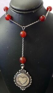 Vintage Sequin Sterling Silver Carnelian Bead Lariat 16" Necklace w/ Heart Tag