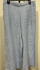 Women Linen Lt Blue Pants Large Wide Leg Elastic Waist New NWT Tahari 2 pockets - Picture 1 of 4