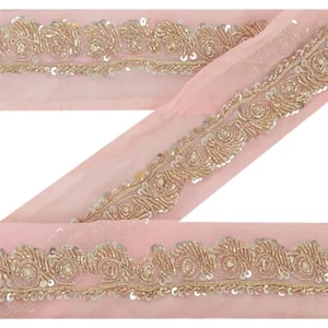 Sanskriti Vintage 1Yd Sari Border Hand Beaded Indian Trim D?cor Ribbon Pink Lace - Picture 1 of 8