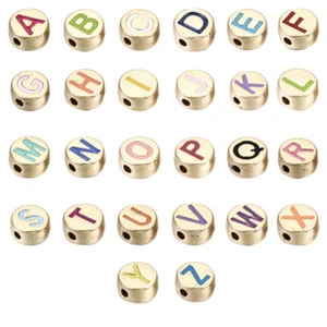 10pcs 8mm Letter A~Z Alloy Enamel Beads Flat Round Alphabet Metal Loose Spacer - Picture 1 of 53