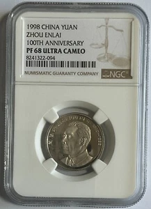 China 1998 proof YUAN coin,  Zhou EnLai 100TH ANNIVERSARY NGC PF 68 UC - Picture 1 of 4