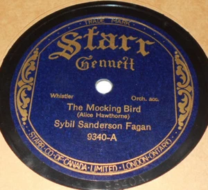 Starr Gennett 9340 Sybil Sanderson Fagan The Mocking Bird / Narcissus 78 RPM E+ - Picture 1 of 2
