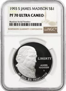 1993 JAMES MADISON Silver $1 NGC PF70💥FLAWLESS QUALITY💥 - Picture 1 of 6