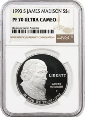 1993 JAMES MADISON Silver Dollar NGC PF70💥FLAWLESS QUALITY💥 - Image 1 of 4