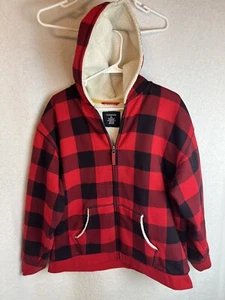 LANDS END Kids Hoodie Jacket Boys XL 18 - 20 Plaid SHERPA lined Coat Red Black - Picture 1 of 3