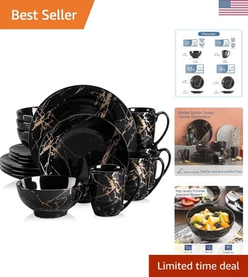 Durable 16-Piece Black & Gold Dinner Set for 4 - Dishwasher Safe Luxury Decor - Image 1 of 4