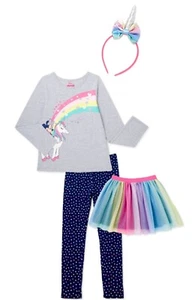 NWT Baby Girl 4 Pc Outfit Disney Minnie Unicorn Rainbow Top Pants Skirt Headband - Picture 1 of 5