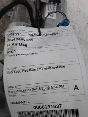 Used Right Instrument Panel Air Bag fits: 2016 Bmw 528I front passenger dash Rig Foto 1 de 4