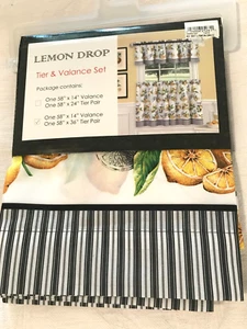 3 Pc Kitchen Window Curtain Set Lemon Drop Black Striped 2 Tiers 1 Valance NWT - Picture 1 of 10