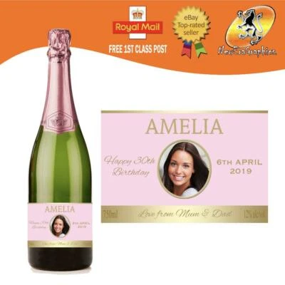 ETICHETTA BOTTIGLIA PROSECCO CHAMPAGNE FOTO ROSA PERSONALIZZATA COMPLEANNO QUALSIASI OCCASIONE