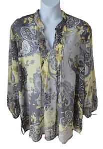 Top Popover Semi Transparente Susan Graver Talla Grande 3X Gris Amarillo Paisley Floral - Imagen 1 de 9