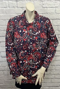 TALBOTS WOMEN'S RED WHITE & BLUE FLORAL PRINT LONG SLEEVE TOP SIZE 1X - Picture 1 of 5