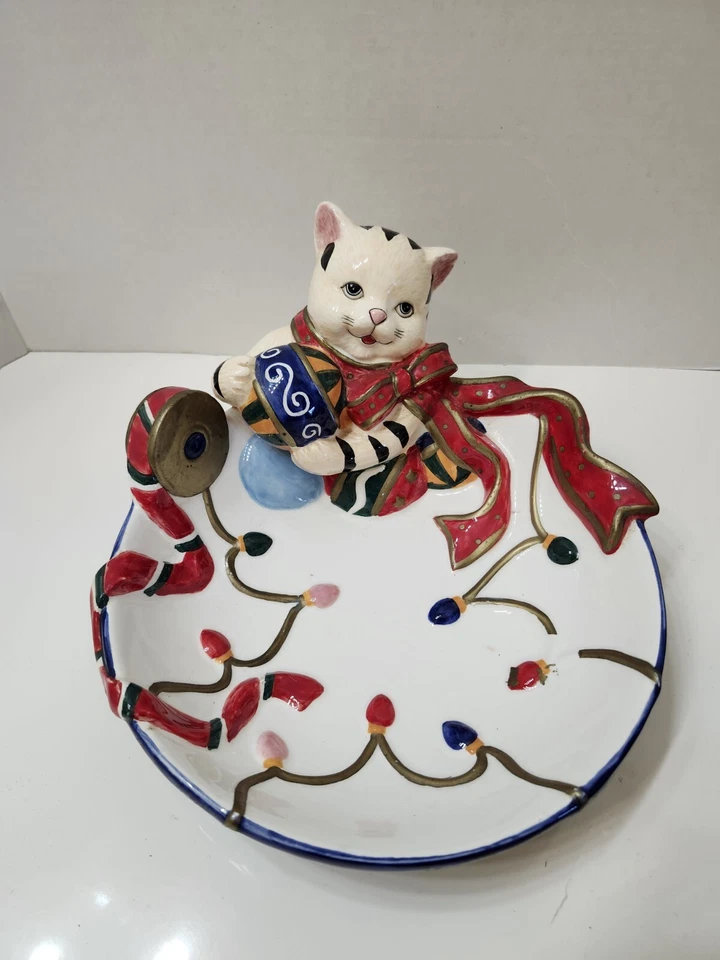 Cat Kitty Kitten Large Ceramic Candy Bowl Christmas Colorful 9" W X 3" D - Image 1 of 4