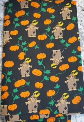 Vintage Halloween Fabric 24X44" Cotton Quilt Orange Black Scarecrow Pumpkin Bats - Image 1 of 3