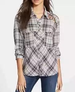 Free People Shirt Sz L Snap Stitch Lace Detail Gray Plaid Long Sleeves Western - Picture 1 of 15
