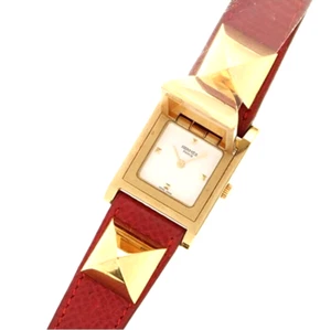 HERMES Medor ME1.210 GP Leather White Dial Wrist Watch Quartz Gold Plated Used - Picture 1 of 9