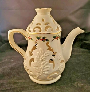 Tetera de porcelana de Navidad Partylite en caja original acebo café - Imagen 1 de 11