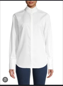 FRAME Women's Ruffle Neck Shirt in Crisp White Cotton SIZE: XS - Picture 1 of 12