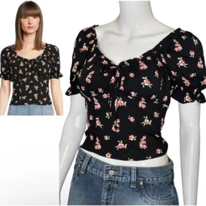 No Boundaries Damen Gr. XS Oberteil geblümt schwarz Kurzarm Puff Bauernbluse  - Bild 1 von 10