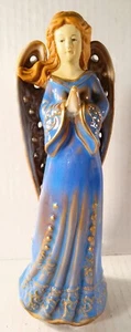Ornate Ceramic Angel 7.75" Tall, Hand-painted Blue & Gold Gown, Filligree Wings - Picture 1 of 11