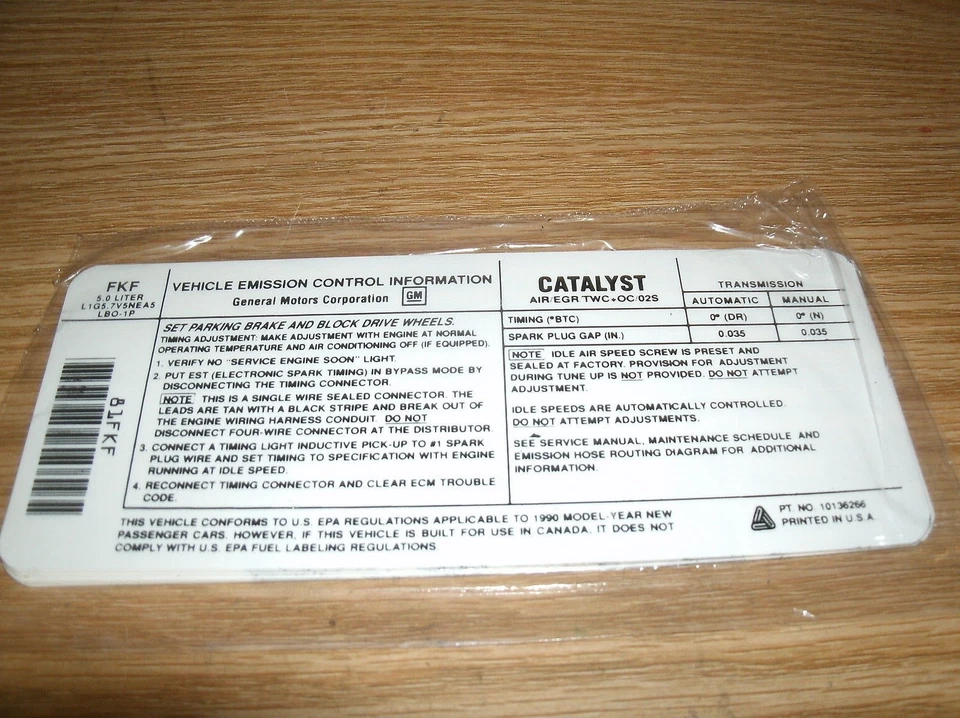 1990 PONTIAC GRAND AM PRIX BONNEVILLE FIREBIRD 5.0L EMISSIONS DECAL STICKER NEW - Image 1 of 1