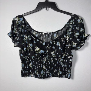 Top corto Love Tree para mujer talla L negro estampado floral babydoll calado coqueta transparente - Imagen 1 de 12
