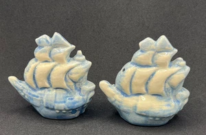Vintage Sailing Ship Salt and Pepper Shakers Blue Ceramic - Picture 1 of 8