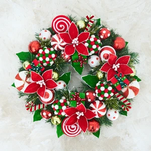 22" Christmas Peppermint Wreath - Handcrafted Christmas Holiday Decor - Picture 1 of 6