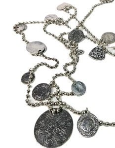 Vintage Silver Tone Long Bead & Chain Coin Style Bead Necklace 78" - Picture 1 of 7