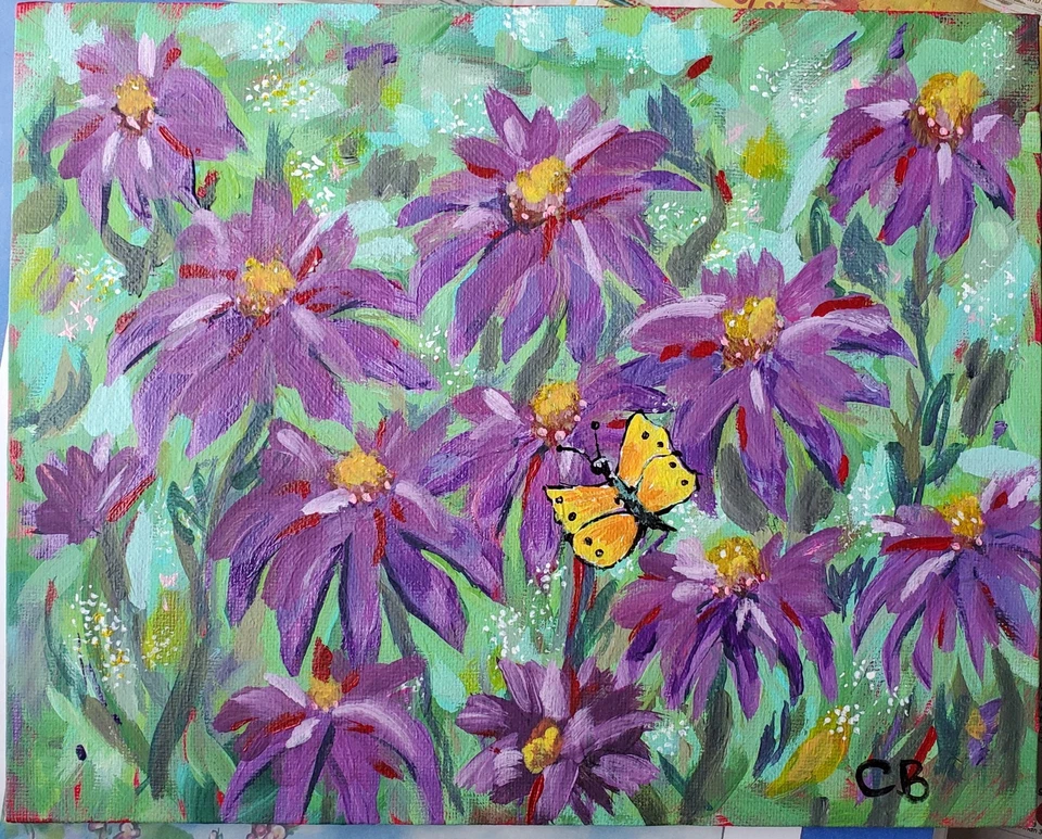 Tablero de lienzo sin marco pintura acrílica original "Mariposa entre flores" 8x10" Foto 1 de 1