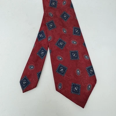 Italian All Silk Tie Mens Red Blue Paisley Geometric Handmade Necktie Classic - Image 1 of 4