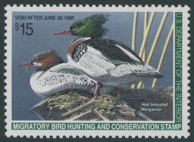 1994, USA HUNTING PERMIT $15 RED-BREASTED MERGANSERS, PERF, NH, SC.#RW61 - Image 1 of 2